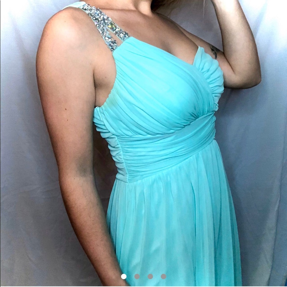 Light Blue Formal Dress One Shoulder Silver Jewels